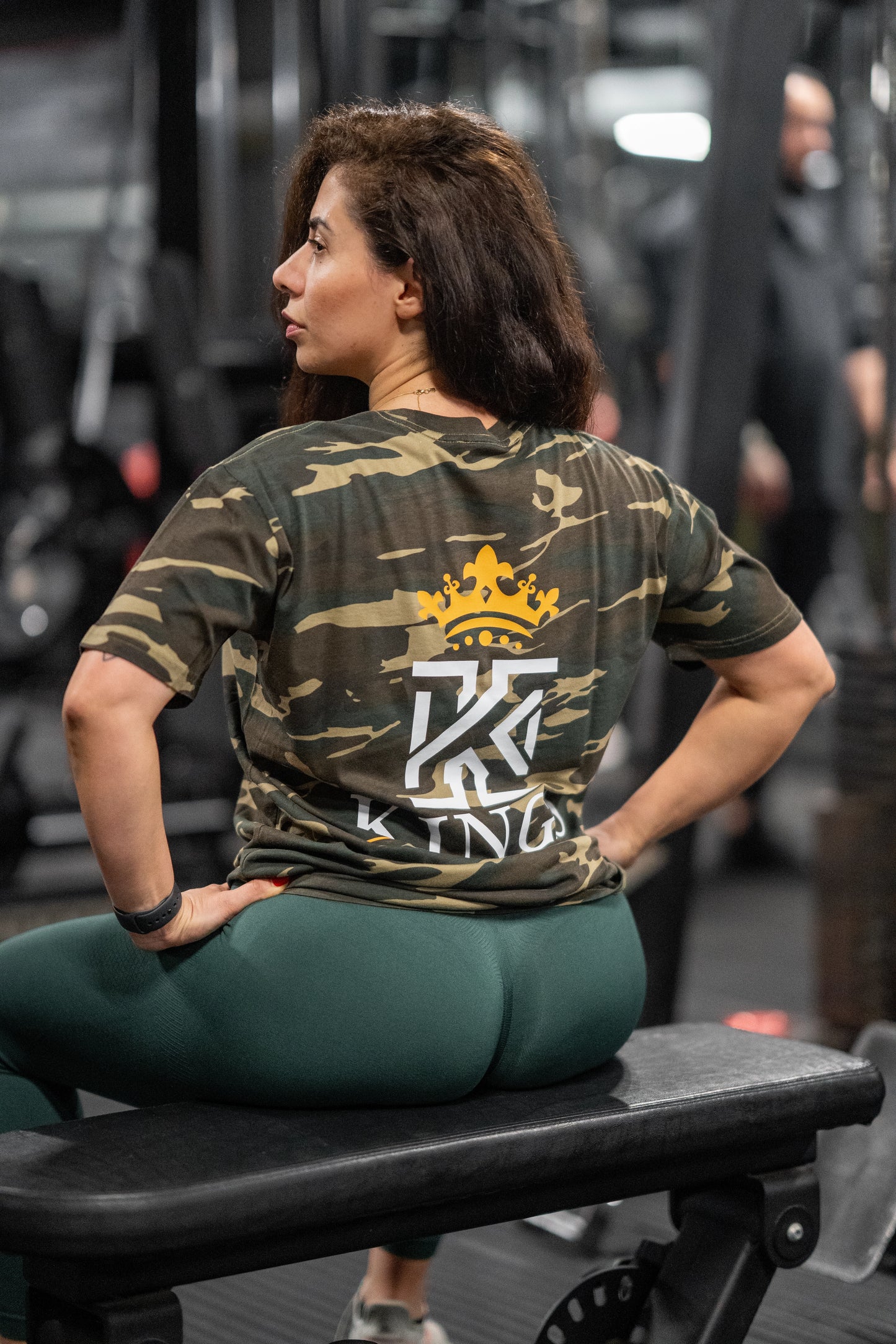 kingsgym logo on cameo tshirt women in gym
