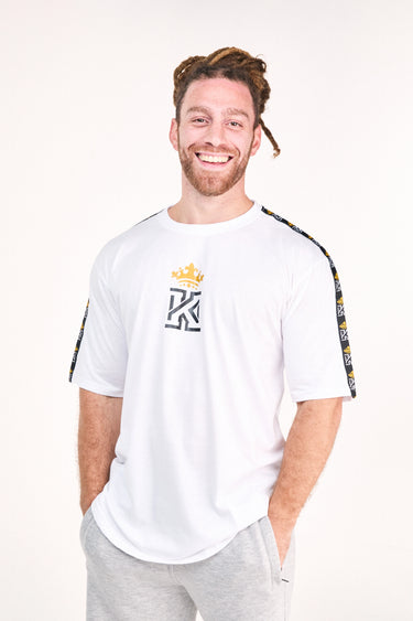 white T-Shirt with Kings Gym Logo Shoulder Tape front