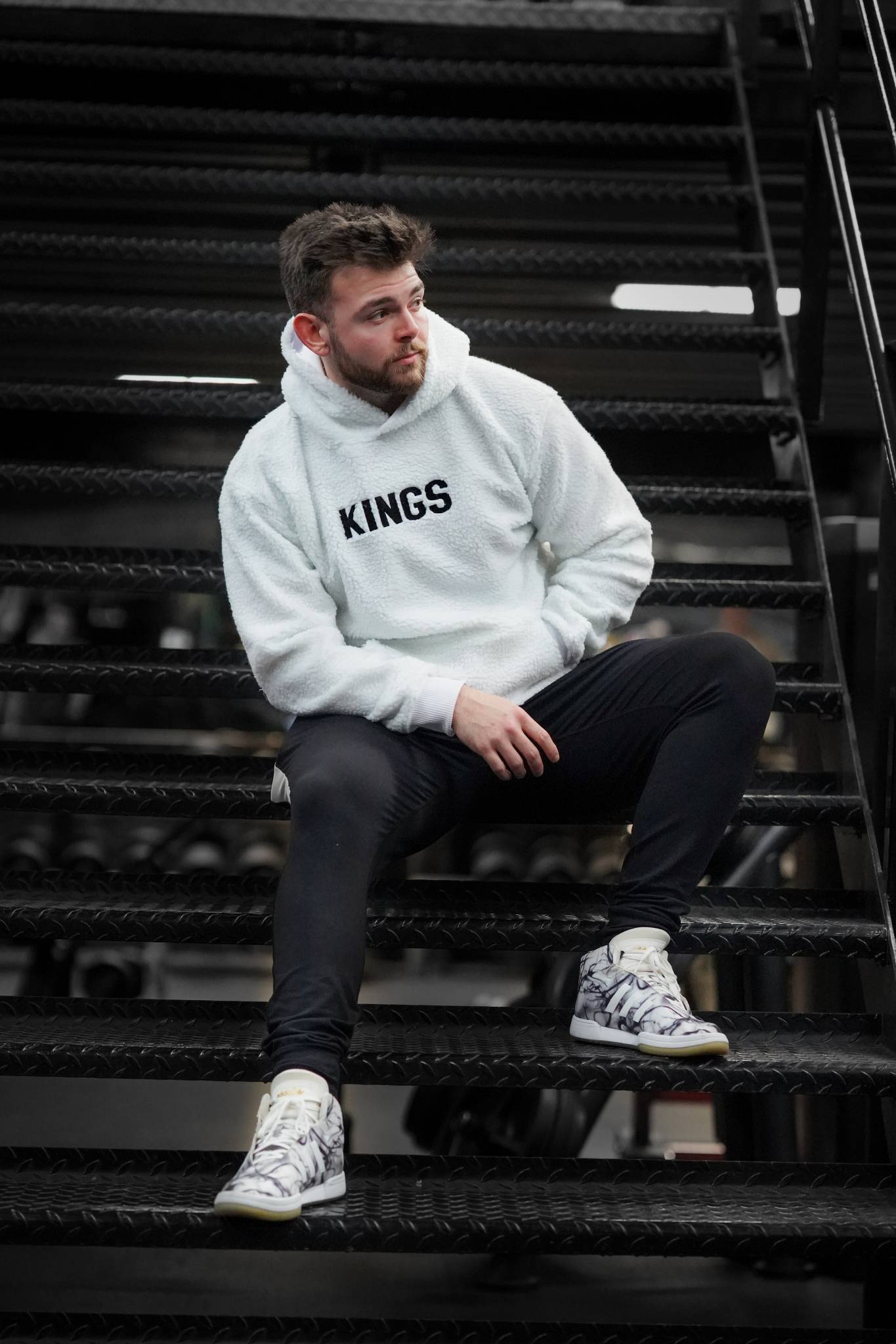 Kings Gym Black on white fleece hoodie front